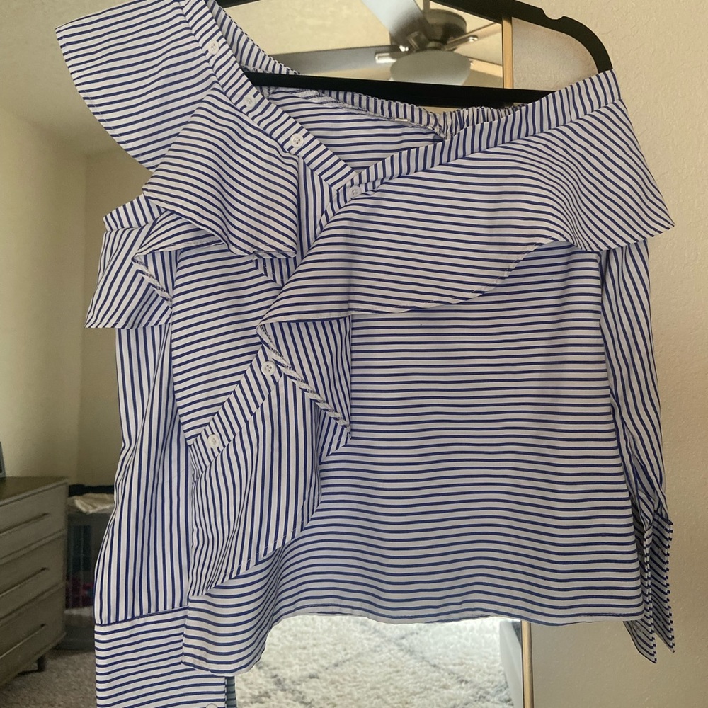 Asymmetric striped navy shirt blouse - off shoulder